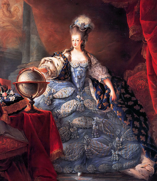 Marie Antoinette wearing the distinctive pouf style coiffure: her own natural hair is extended on the top with an artificial hairpiece.