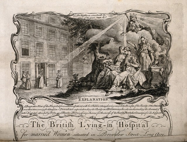 The British Lying-in Hospital, Holborn: the facade and an allegorical scene of charity. Engraving by J. S. Miller after himself. Wellcome Library.
