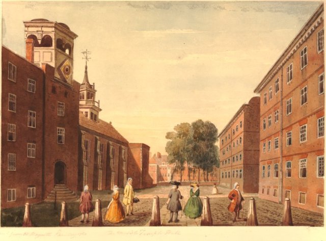 View of the old Middle Temple Hall; elegantly dressed figures in foreground, steps leading up to an entrance below a tower on the left; copied from a painting attributed to Hogarth, c.1780. © The Trustees of the British Museum