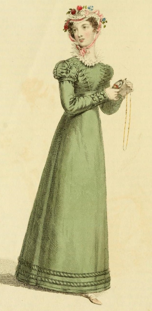 Morning Dress, fashion plate dated October 1823 from Rudolph Ackermann's Repository of Arts, Literature, Fashions, &c, third series, vol 2.