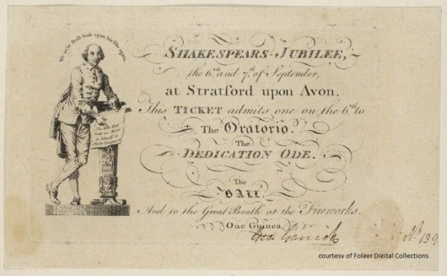 Ticket for the dinner, ode and ball at the Garrick Jubilee held in Stratford-Upon-Avon in 1769 to commemorate the life of William Shakespeare.