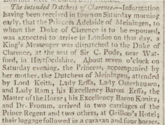 Hereford Journal July 8th, 1818 announcing the arrival of Princess Adelaide