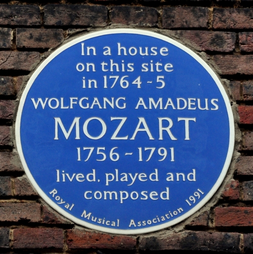The blue plaque on the site of the house in Frith Street where Mozart lodged.