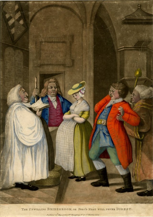 The Unwilling Bridegroom or Forc'd Meat will never digest by William Murray, 1778. Courtesy of the British Museum. The apron covering a multitude of sins!
