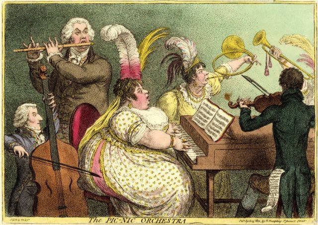 The Pic-Nic Orchestra. © The Trustees of the British Museum The Marchioness of Salisbury is depicted blowing a french horn while the Earl of Cholmondeley plays the flute.