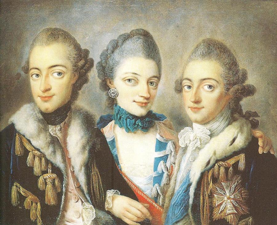 Adophus Frederick IV, Duke of Mecklenburg-Strelitz, Princess Christiane of Mecklenburg-Strelitz and Duke Ernest Gottlob of Mecklenburg, probably by Daniel Woge, painted after January 1766 as Christiana wears the red sash denoting the Order of St Catherine.