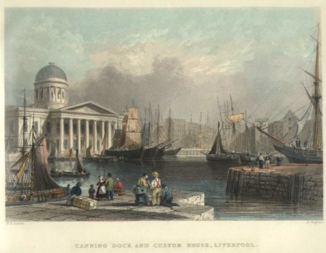 Canning Dock & Custom House, Liverpool, engraved by T. Hughes after a picture by W. H. Bartlett, published in Finden's Ports and Harbours..., 1842. Steel engraved print, good condition. Size 18 x 14.5 cms including title, plus margins. Ref F8482. Image courtesy of ancestryimages.com.