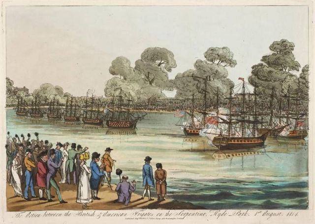 The action between the British and American frigates on the Serpentine, Hyde Park, 1st August 1814