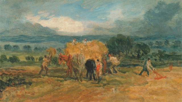 A harvest scene with workers loading hay on to a farm wagon by James Ward c.1800