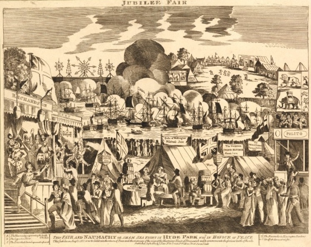 The Fair and Naumachy or sham sea fight in Hyde Park was in honour of the Peace.