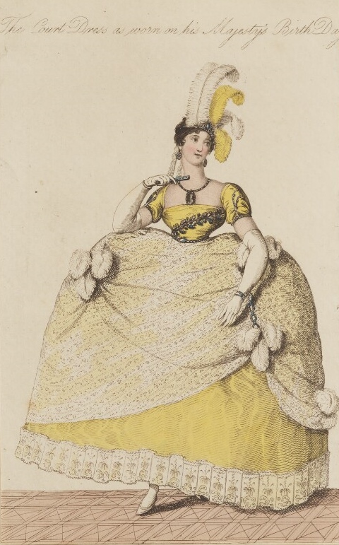 Georgiana Charlotte (née Bertie), Countess (later Marchioness) of Cholmondeley's Court Dress as worn on his Majesty's Birthday, June 1808. La Belle Assemblée.