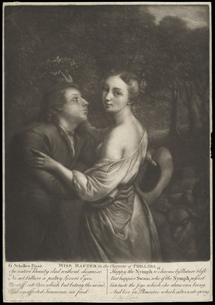 After Gottfried Schalcken [Couple d’amoureux dans un forêt, c1695], MISS RAFTER in the Character of PHILLIDA, 1729. Mezzotint. © Victoria and Albert Museum, London. Museum number: S.3874-2009.