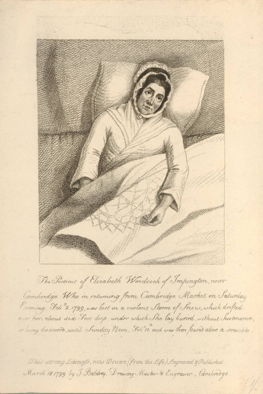 Portrait of Elizabeth Woodcock; whole length, lying in bed propped-up on a pillow, leaning and looking to right, her left arm resting on duvet; wearing bonnet and gown with broad collar; original design reduced at the top; after drawing by Baldrey. 1799 British Museum