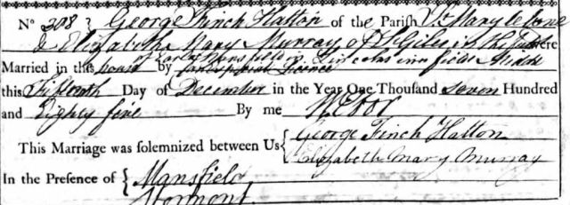 Lady Elizabeth Murray marriage entry in parish register of St Gile's in the Fields, Holborn, confirming that they married in the home of Lord Mansfield